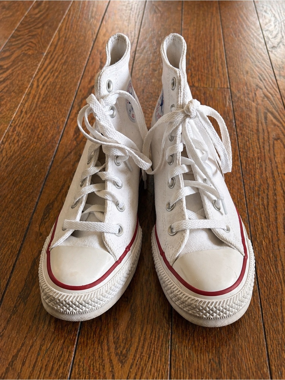 Converse White High Top Sneakers with Red Stripe